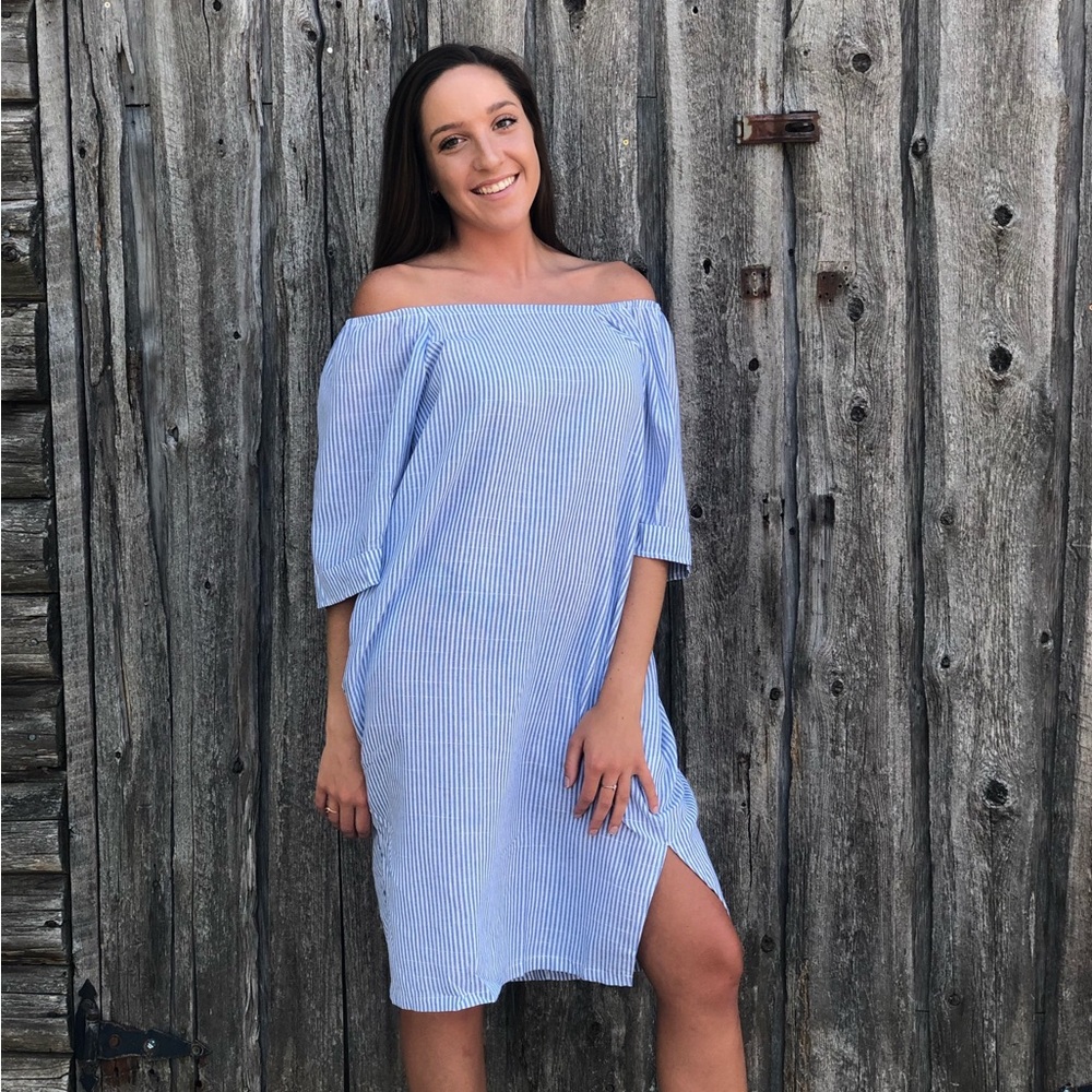 Linen Off The Shoulder Lightweight Blue Stripes Dress